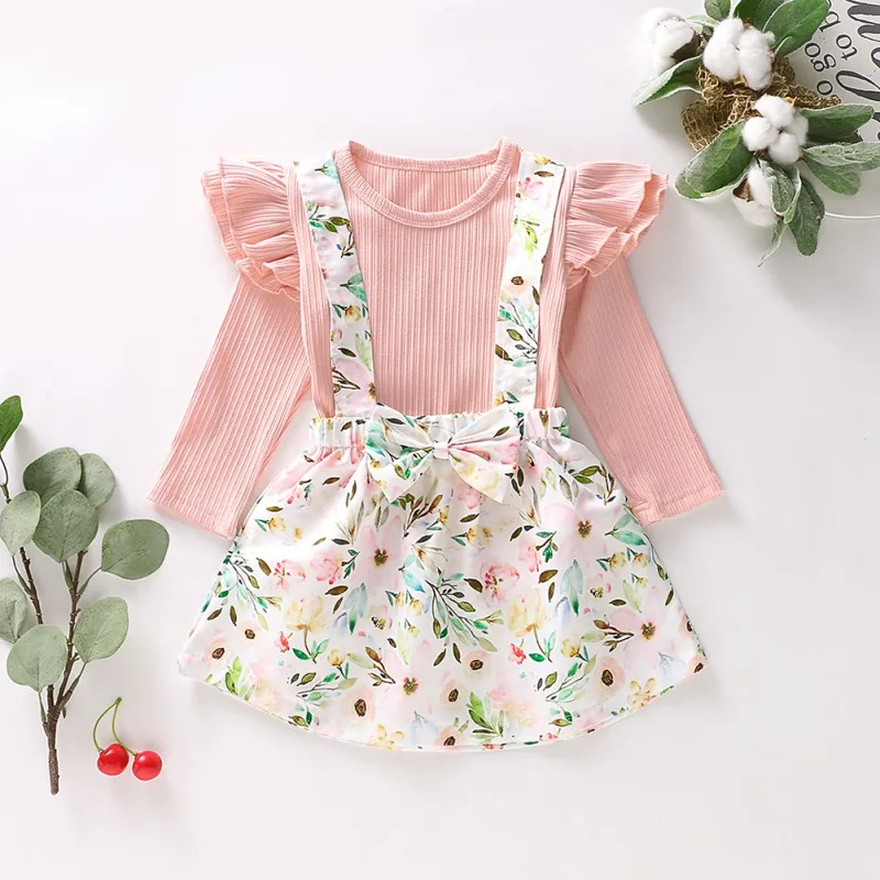 

New Autumn Baby Girl Clothes 1-6T Toddler Girl Flare Long Sleeve Cotton T-shirt Blouse Strap Floral Skirts Casual Outfits Set
