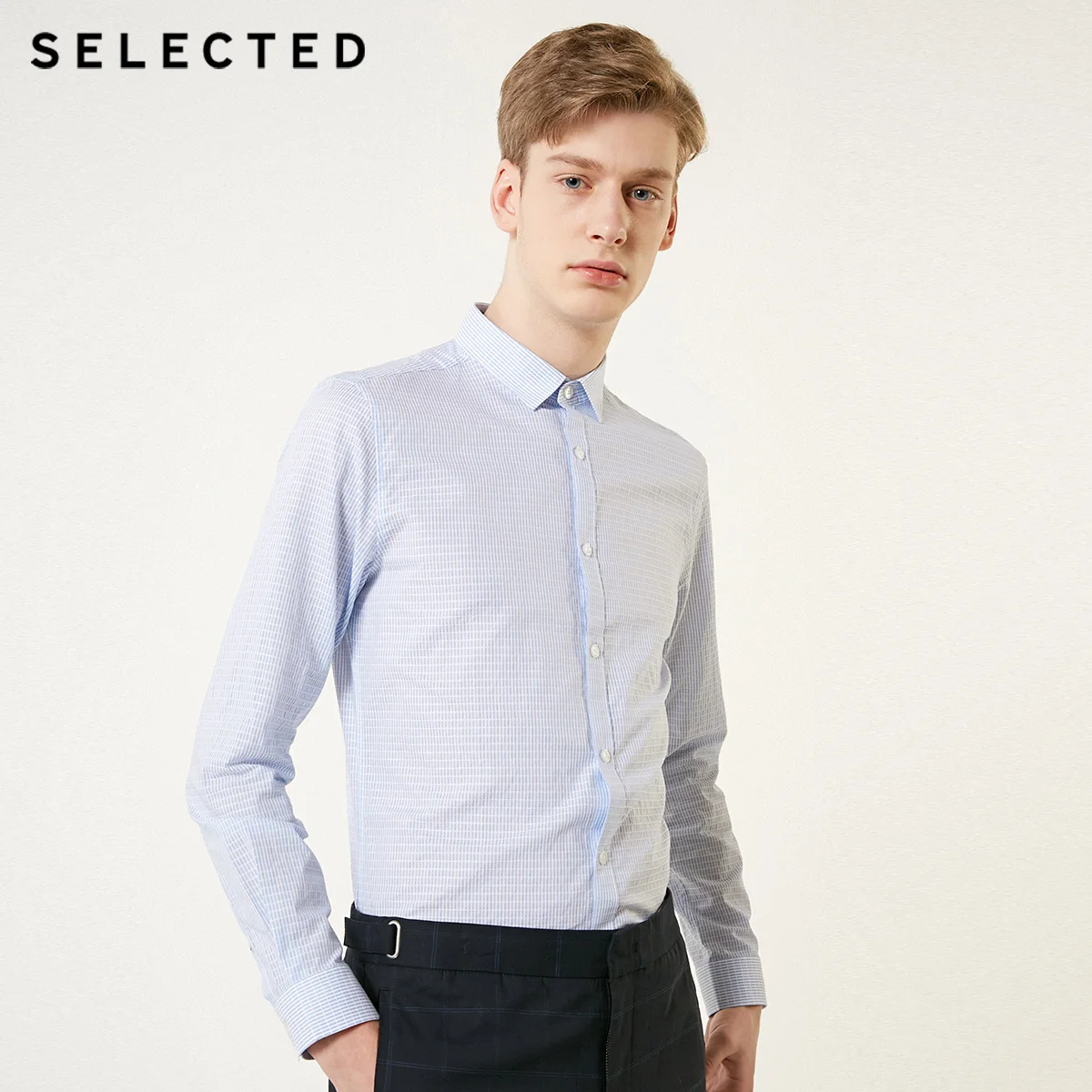 SELECTED Men's Slim Fit 100% Cotton Checked Long-sleeved Shirt S|419205517 SELECTED Men's Slim Fit 100% Cotton Checked Long-sleeved Shirt S|419205517