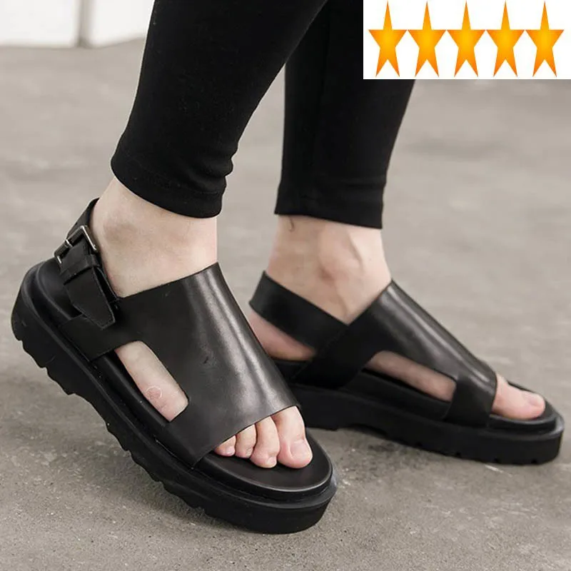 

Genuine Summer Increased Thick Bottom Leather Mens Platform Shoes New Open Toe Gladiator Sandal Male Beach Roman Sandals