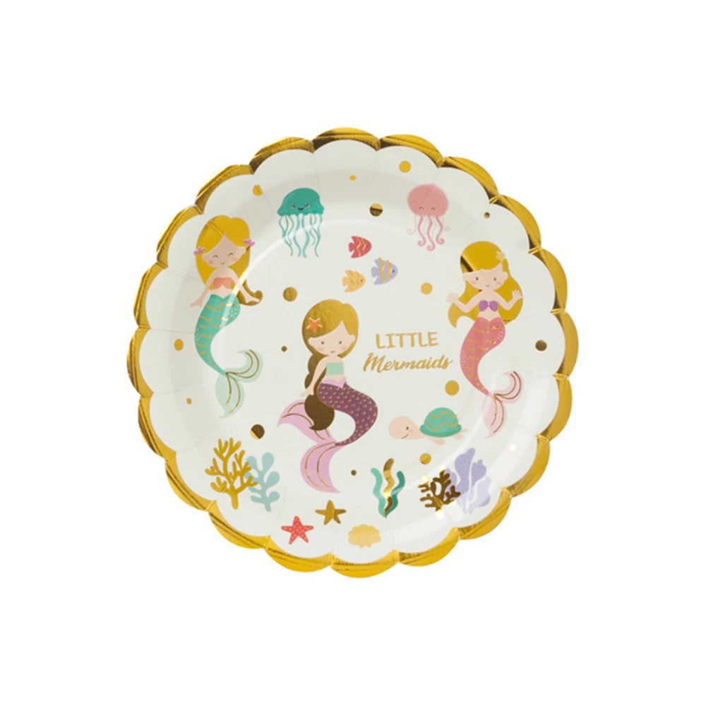 7 inch plate 10PCS Mermaid theme hot stamping set high-end hot stamping tableware disposable items table decoration birthday party supplies - Цвет: 7 inch plate 10PCS