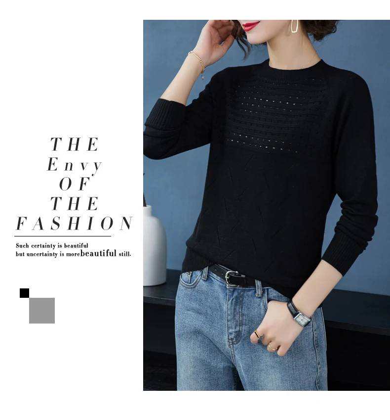 XJXKS Sueters De Mujer Moda элегантный шерстяной пуловер женский полый сплошной цвет длинный рукав женский вязаный свитер