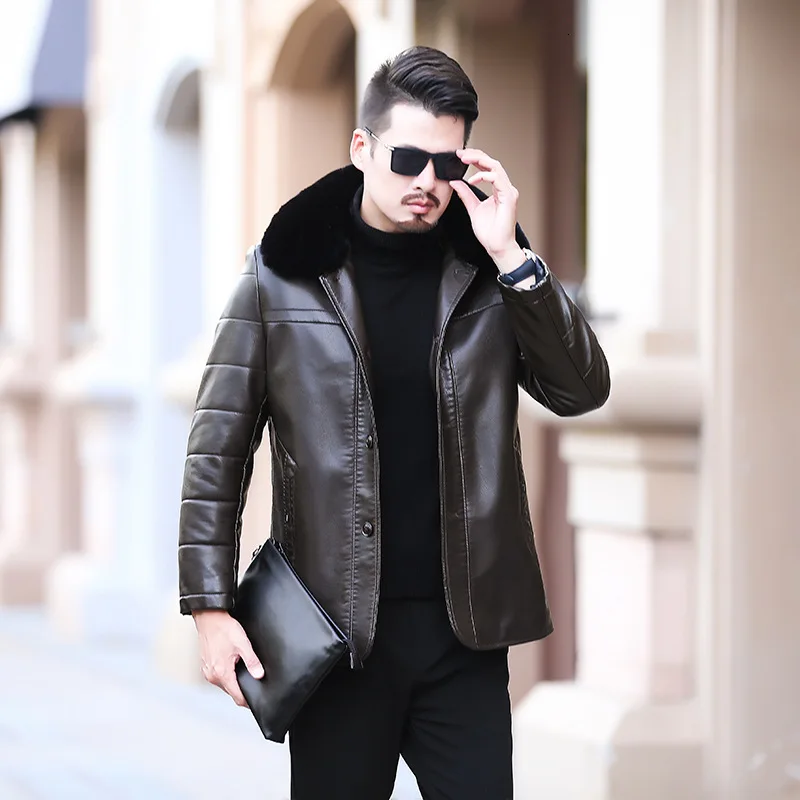 

2019 new Man Increase Down Thickening Pu Leather Jacket Clothing Male Heavy business casual Jacket for father and husband
