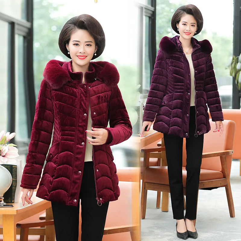 

Mom Winter Cotton Overcoat 2019 New Style Middle-aged Gold Velvet Thick Plus-sized Warm down Jacket Cotton-padded Clothes Coat