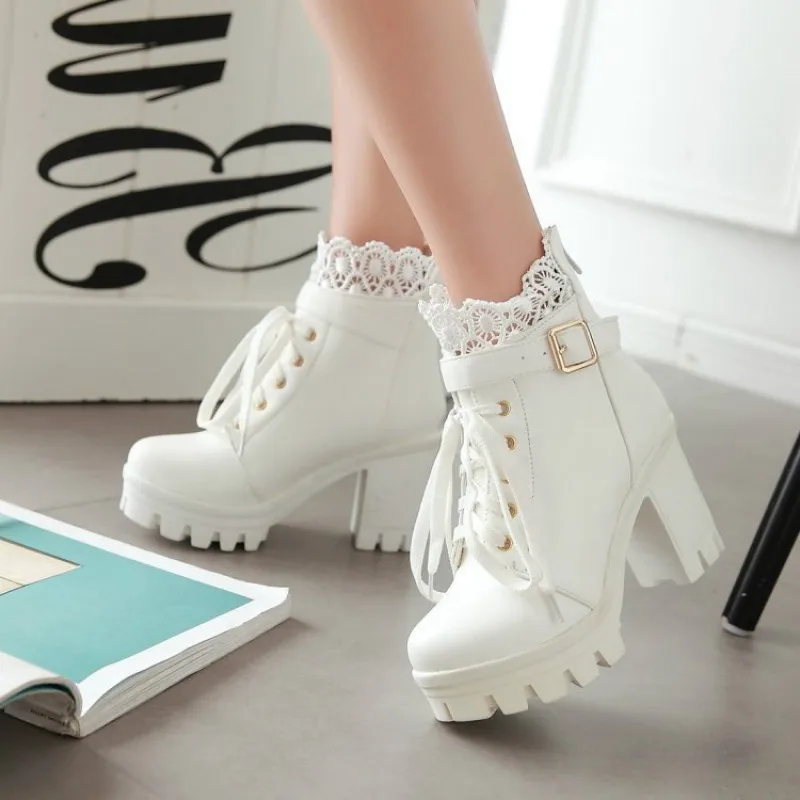 

Winter New pattern High-heeled Coarse heel Martin boots Frenulum Waterproof Thick bottom Large code white Women Boots