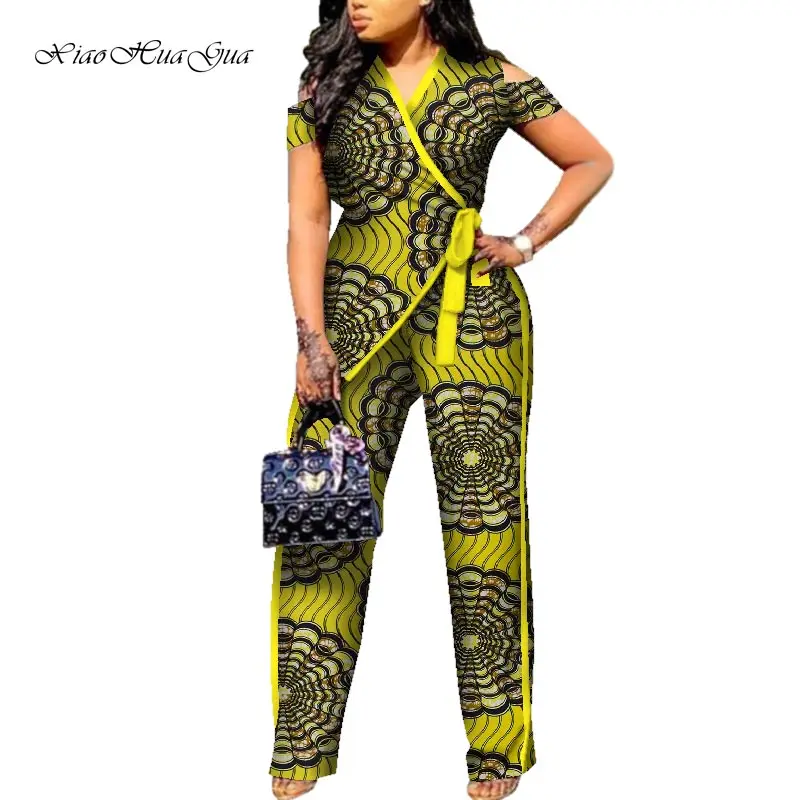 Новинка, женские комбинезоны в африканском стиле, прямые длинные штаны для женщин, боди с высокой талией, одежда плюс африканская одежда, WY6155