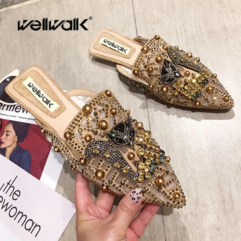 

Stud Mules Shoes Women Flat Slippers Pointed Toe Rhinestone Fox Design Mesh Ladies Luxury Slip On Loafer Female Bling Slides New