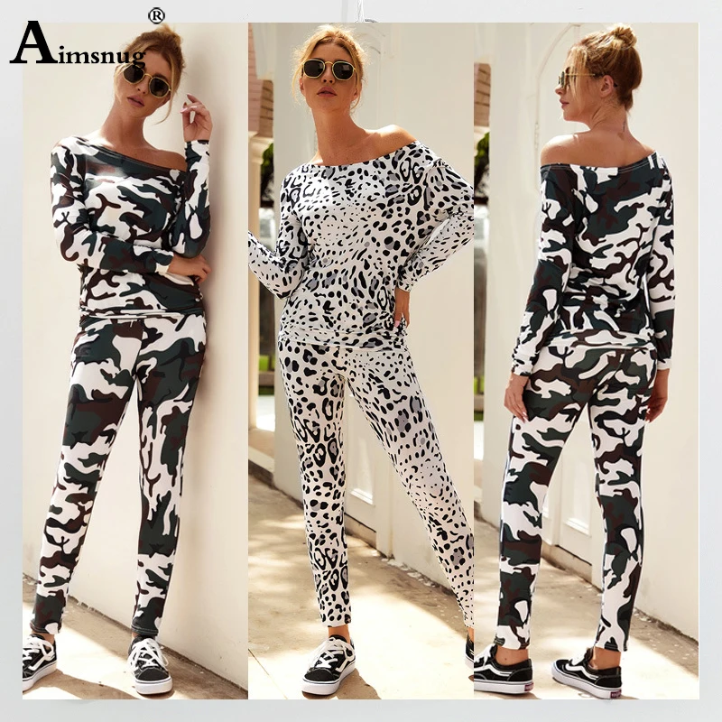 

Office Lady Elegant Leisure Camouflage Top and Drawstring Waist Pants Sets Women Autumn Sporting Tracksuit Casual Two Piece Sets