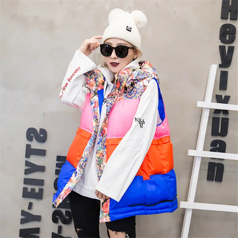 New Women Sleeveless Jacket Winter Vest Hooded Coat Fashion Patchwork Print Cotton Vest Women Loose Thick Warm Waistcoat