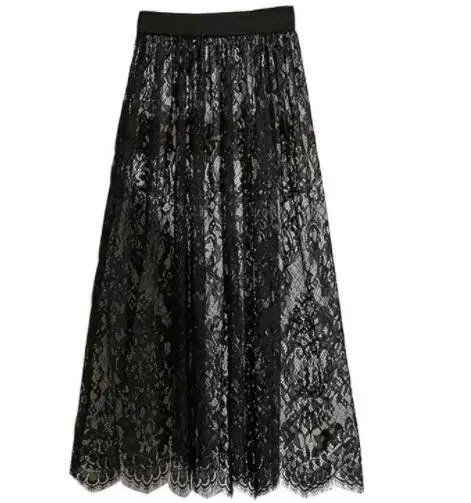 Женская плиссированная летняя юбка, тонкая сетчатая кружевная Тюлевая юбка saia Jupe Jemme, белая черная юбка с высокой талией, сексуальная открытая Макси Длинная юбка DV236