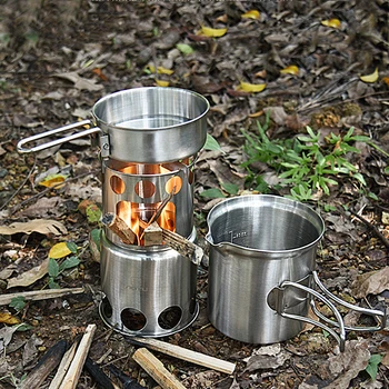 melhor Aço Inoxidável Portátil De Acampamento Fogão A Madeira Pote Conjunto Piquenique Ao Ar Livre Dobrável Panelas Caminhadas Viagem à Prova Vento Fogão Aquecimento Madeira