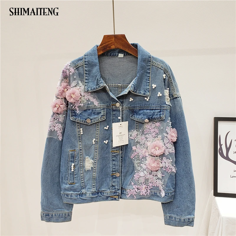 

2020 Spring Women Embroidery Three Dimensional Flowers Pearl Bead Short Denim Coat Woman Long Sleeve Beading Hole Jean Jacket