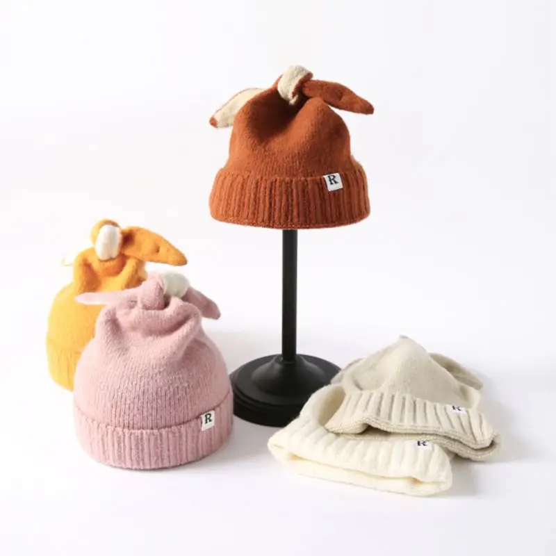 Детская зимняя теплая вязаная шапка для девочек и мальчиков, милый кролик длинное ухо, Шапка-бини, осенние шапки