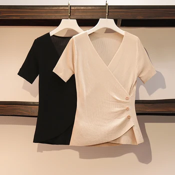 

2020 Summer New Ice Silk Short-sleeved Fat Sister Was Thin Cross V-neck Foreign Bottoming Shirt Top Plus Size Women's Tops