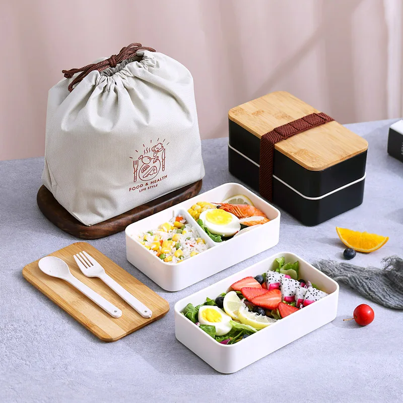 

2 Layers Lunch Box Bamboo Wood Insulation Fresh Bowl Students Microwave Container Tableware Spoon Chopstick Bento Lunch Boxes