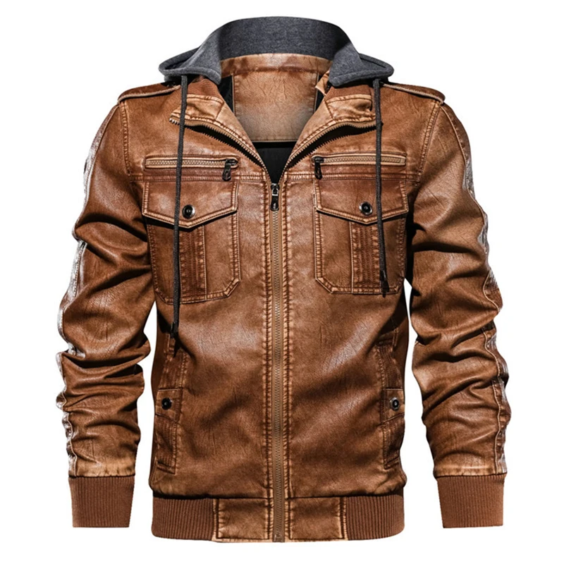 Men Jackets 2020 Autumn Winter Men's Fashion Motorcycle Leather Jacket Mens Casual Hooded PU Leather Jackets Coat Male Clothes