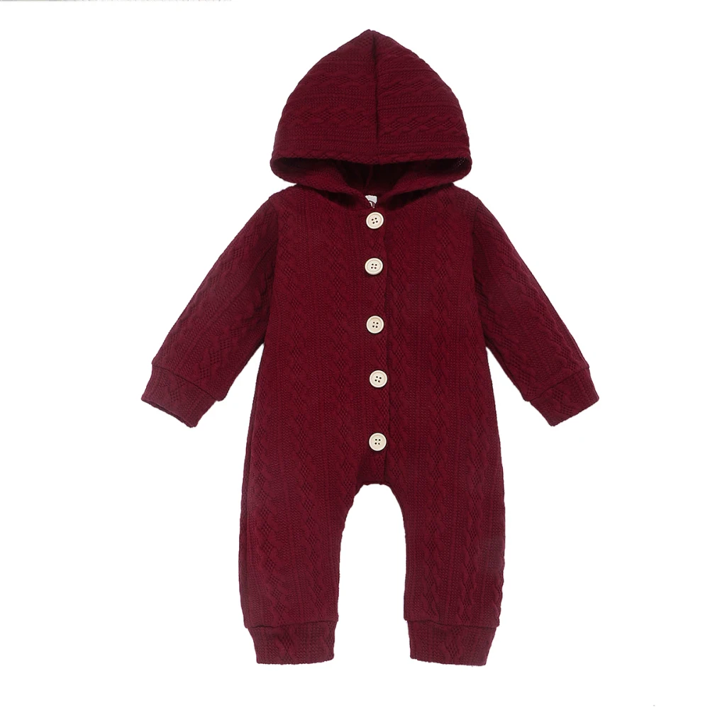 5 Colors Newborn Baby Girl Boy Romper Clothes Knitted Long Sleeve Single Breasted Hoodie Romper Jumpsuit Outfits - Цвет: Wine Red