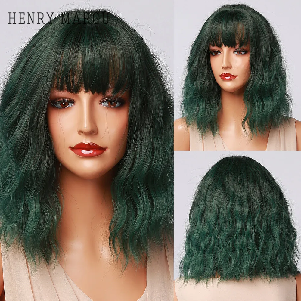 HENRY MARGU Cosplay Lolita Short Bob Wig with Bangs Green Synthetic Water Wave for Women Natural Heat Resistant Wigs | Шиньоны и парики