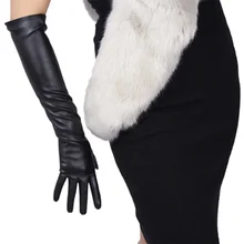 

Sexy Leopard Touch Screen Gloves Winter Women PU Black 50cm Long Simulation Leather Thin Full Finger Warm Driving Mittens