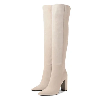 

Faux Flock Over the Knee Boots Woman Fashion Pointed Toe High Heeled Thigh High Boots Female Winter Warm Long Boots Beige Black