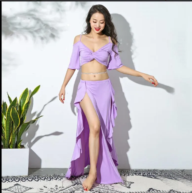 Сексуальный костюм с двумя боковыми разрезами для женщин, костюм для танцев, 2 предмета, профессиональная юбка для танцев, Модальная юбка с Uner Pant Red - Цвет: Purple