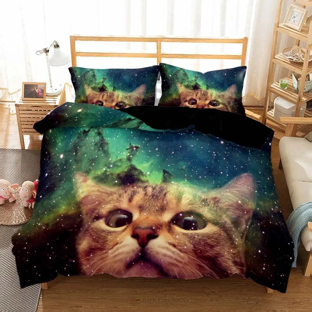 

3D Galaxy Cat Duvet Cover Set Single Double Twin/Queen 2/3Pcs Bedding Sets Pillowcases Universe Outer Space Bed Linen