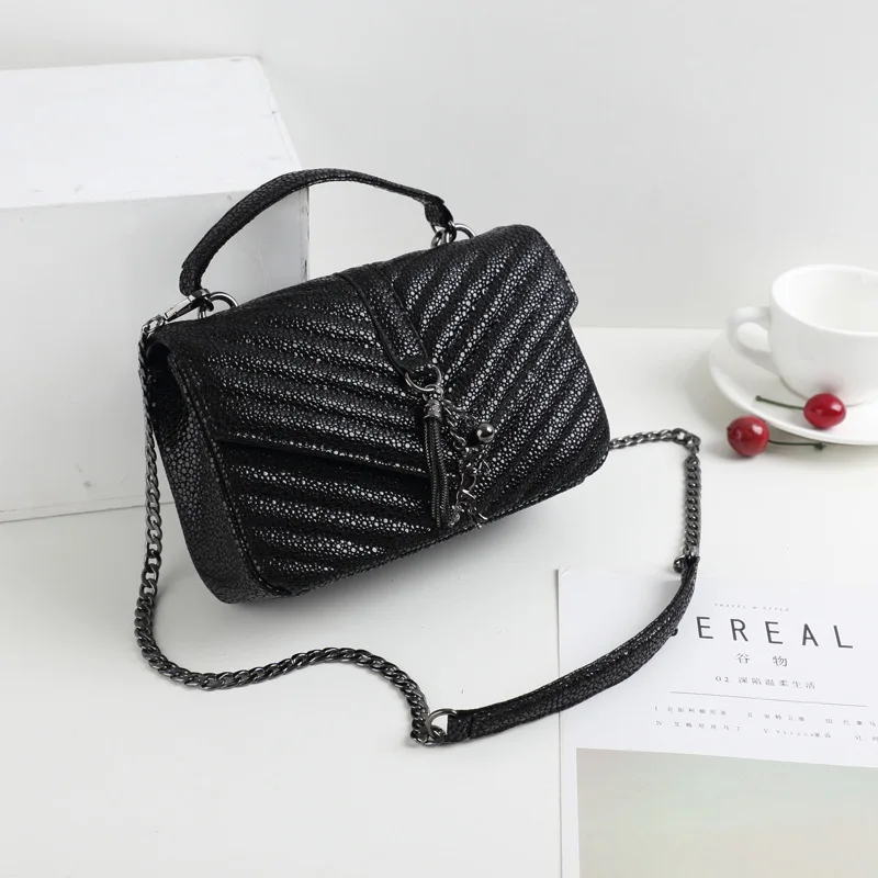 

[New Style] Full-grain Leather Pearl Fish-Pattern Rhombus Bag with Chain Square Sling Bag Fashion Shoulder Cross-body Handbag