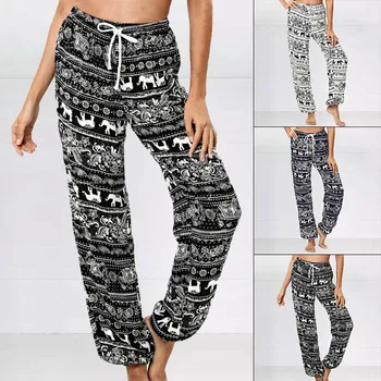 

Summer Plus Size S-5XL Pants Women Ladies Casual Bohemia Printed Pockets Wide Leg Loose High Trousers Harem Pants