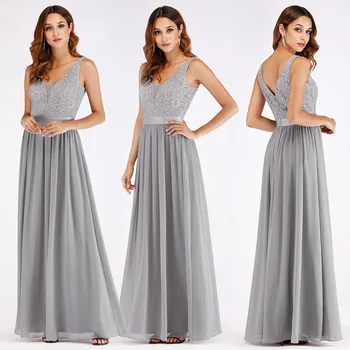 

Formal Evening Dresses A-Line Ankle Length Women Party Gowns R174 V-Neck Sleeveless Robe De Soiree Lace Top Elegant Vestidos