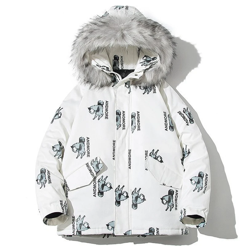 

Men Angel Print Winter Down Jacket Loose Big Fur Collar Windproof Parkas Coat Couple College Simple Black Hooded Padded Jackets