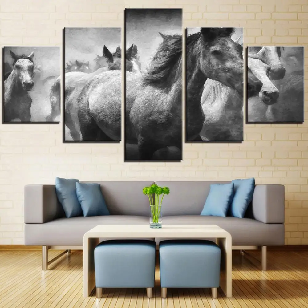 Canvas Horses Pictures Wall Art Framework 5 Pieces Animal Oil Painting Wallpapers HD Prints Black And White Poster Home Decor | Дом и сад