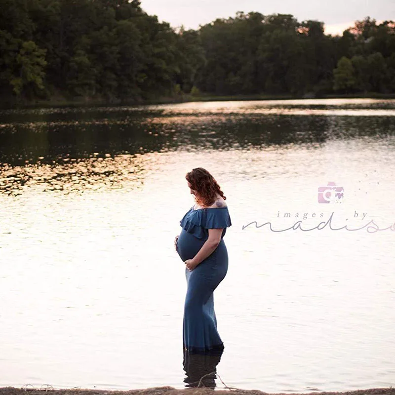 Платье с открытыми плечами для беременных длинное платье Русалка оборками