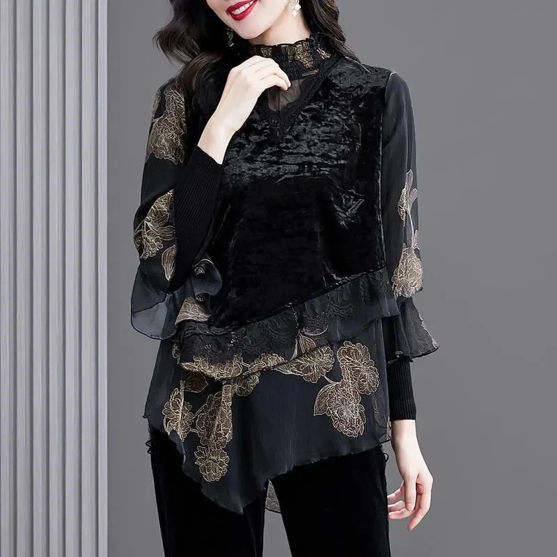 Women Mid-Length High-End Velvet Top 2021 Female New Brand Fashion Lace Stitching Middle-Aged Mother To Wear Autumn Winter A1104