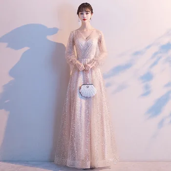 

V-Neck Sexy Champagne Evening Party Sequins Dress Formal Exquisite Dress Women Princess Dream Prom Gown Dresses Vestidos