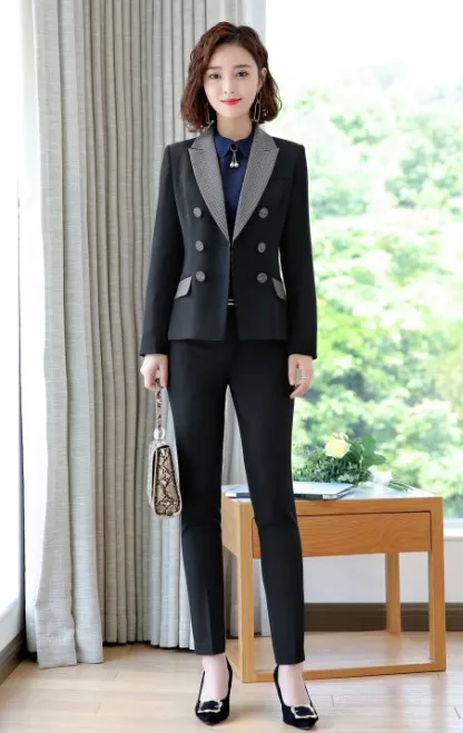 Black coat and pants Осень зима новые клетчатые брюки костюмы для женщин модные формальные с длинным рукавом двубортные блейзер и брюки для офиса Женские рабочие w - Цвет: Black coat and pants