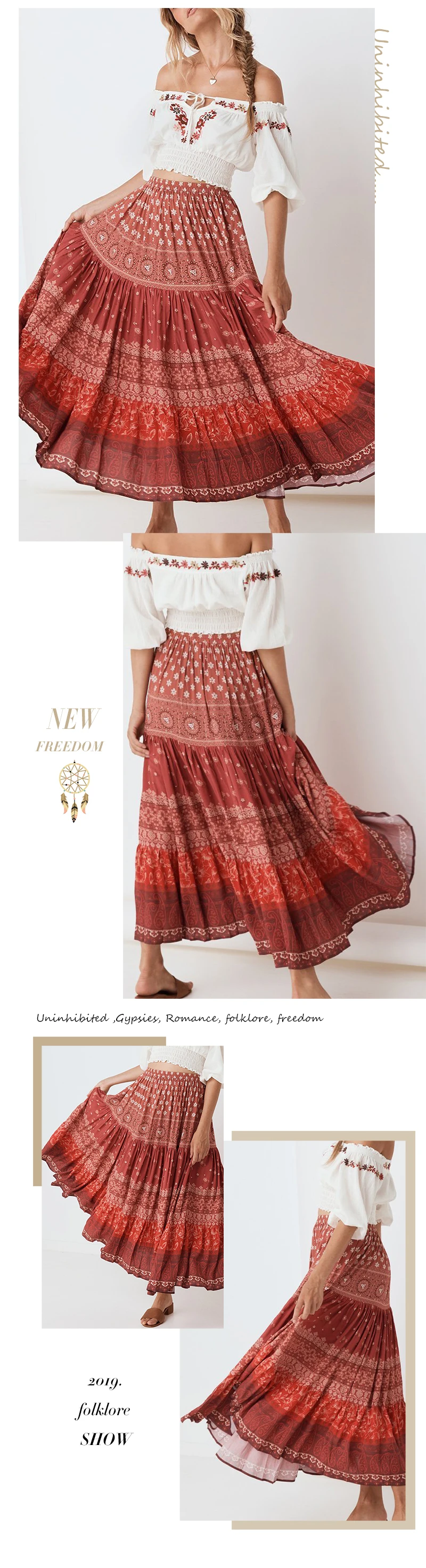Everkaki Boho Цветочный принт женские длинные юбки эластичная талия красная винтажная юбка в стиле бохо женские брюки Осень новинка