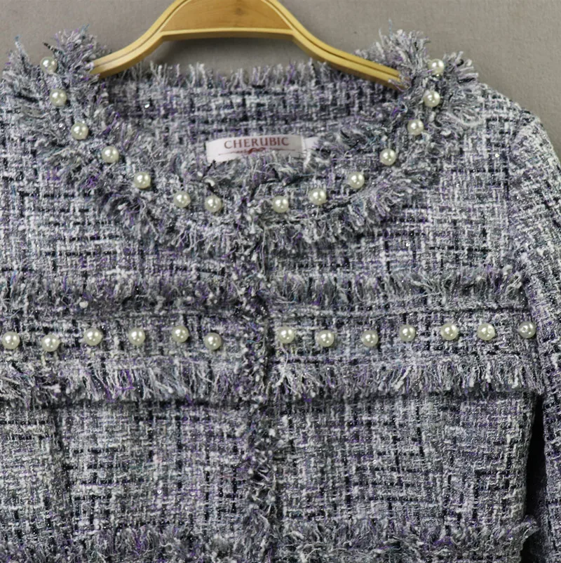 

Fall 2019 New Lavender Condole Belt Dress 2-piece Women Tweed Cardigan O-Neck Button Fly Pockets Single Breasted 2 Piece Set