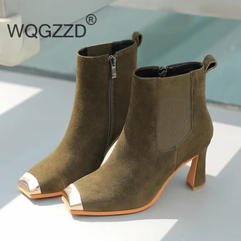 

Luxury brand ankle boots women's winter shoes genuine leather square toe metal decoration high heels shoes women's batos mujer