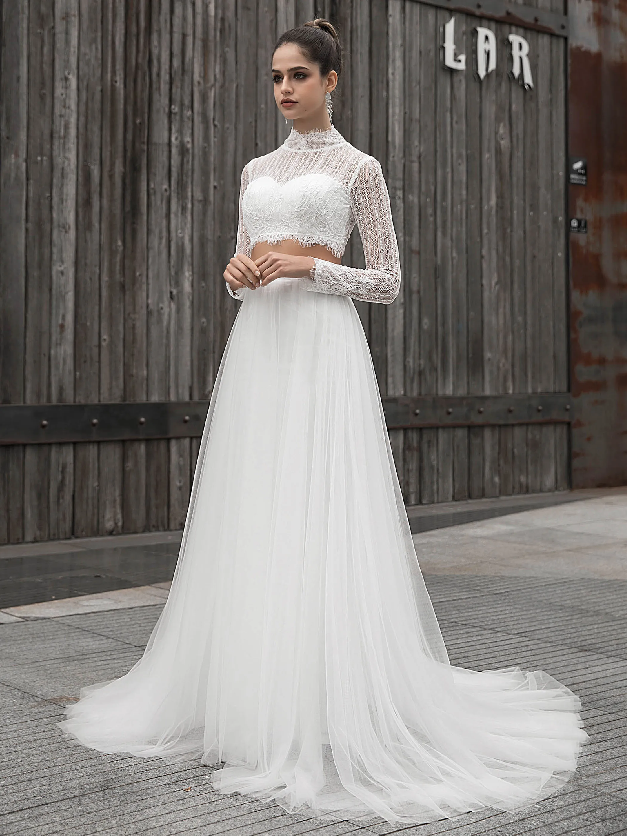 Dressv свадебное платье трапециевидной формы с высоким воротом из двух частей, с длинными рукавами, с кружевными лентами и пуговицами, для улицы и церкви, свадебные платья на заказ
