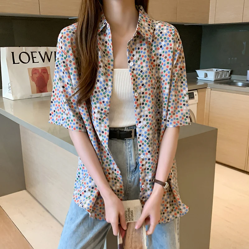 2020 Summer Print Polka Dot Printed Loose Big Size Pink Green Oversized Shirt Women Blouse Fashion Streetwear Tee Shirt Femme