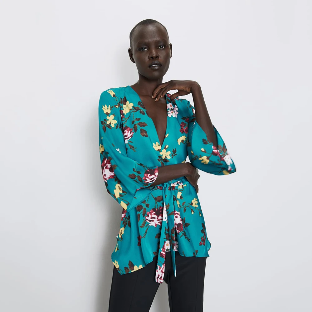 

2019 ZA Women Print Blouse Trendy Color V-Neck A-Shaped Hem Style Belt Charm Temperament Fashion Flower Autumn Style Blouse