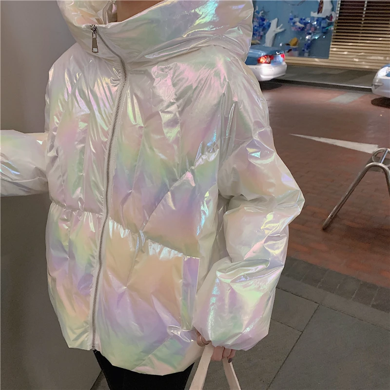 Harajuku цветная уличная Глянцевая зимняя куртка большого размера Женская Толстая стеганая верхняя одежда блестящая куртка с завязками хлопковые парки