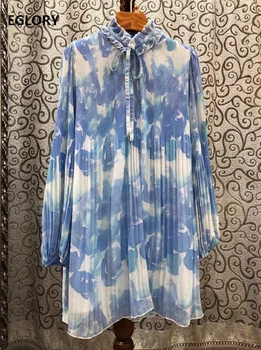

High Quality New 2020 Summer Long Shirt Dress Women Bow Collar Gradient Color Print Long Sleeve Casual Loose Pleated Dress