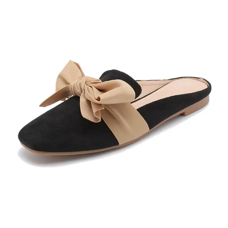 

Riband Tie Front Woman Mules Shoes Summer Slip On Shoes For Women Flat Slippers 2019 Big Size 42 43 Shoes Women Faux Suede Mule