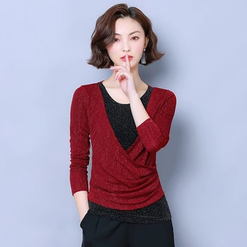 

9791 Sweater Women's Long-Sleeve 2020 Spring New Style Tops Versatile Crew Neck Fake Two-Piece Base Shirt