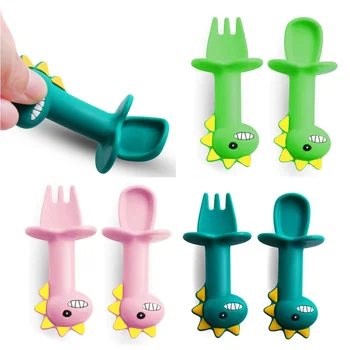 

2pcs/ Baby Training Fork Spoon Set Silicone Baby Feeding Tableware Set Food Grade Newborn Accessories Teether Baby Spoon