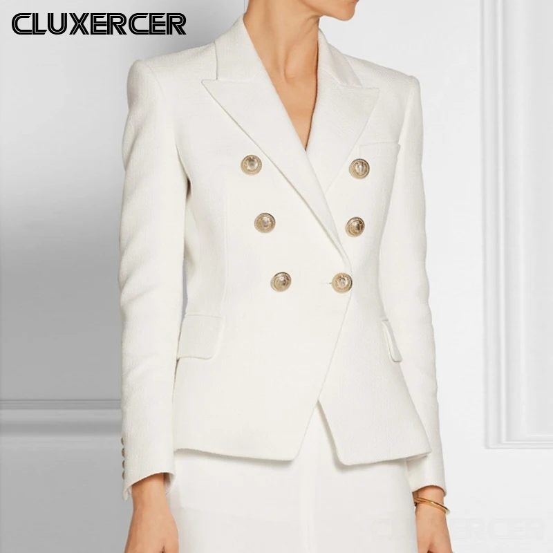 

2020 New Elegant Office Lady Wihte Blazer Jacket Female Spring Autumn Long Sleeve Double Breasted Casual Slim Suit Coat