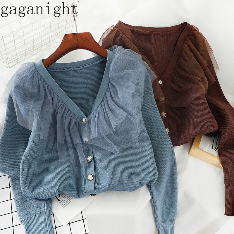 Gaganight Mesh Patchwork Fashion Women Cardigan Long Sleeve V Neck Korean Solid Knitted Kardigan Female Stretch Slim Short |