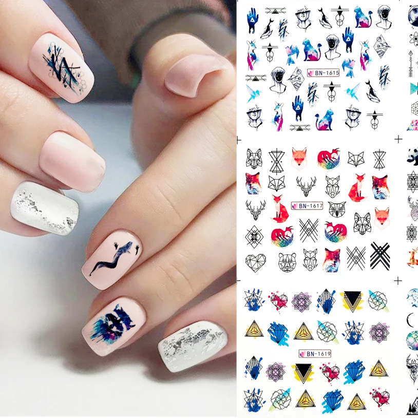 

12 Designs Abstract pattern Nail Water Transfer Sticker Planet Raccoon elk Images Nail Art Decorations Slider Manicure Watermark