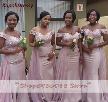 

Elegant Off Shoulder Bridesmaid Dresses with Detachable Train 2020 Summer Wedding Party Guest Gowns Plus Size Custom Made