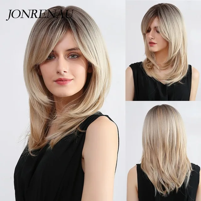 JONRENAU Long Natural Synthetic Straight Layered Hairstyle Wig Black Ombre Brown To Blonde Wigs for Black Women with Bangs Hair lc242-1